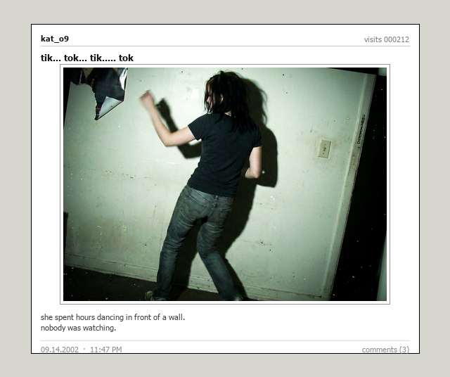 A saved web page from 2002: a photograph of a young woman dancing alone in front of a bare wall, posted under the heading tik... tok... tik..... tok, with a visit counter and three comments.